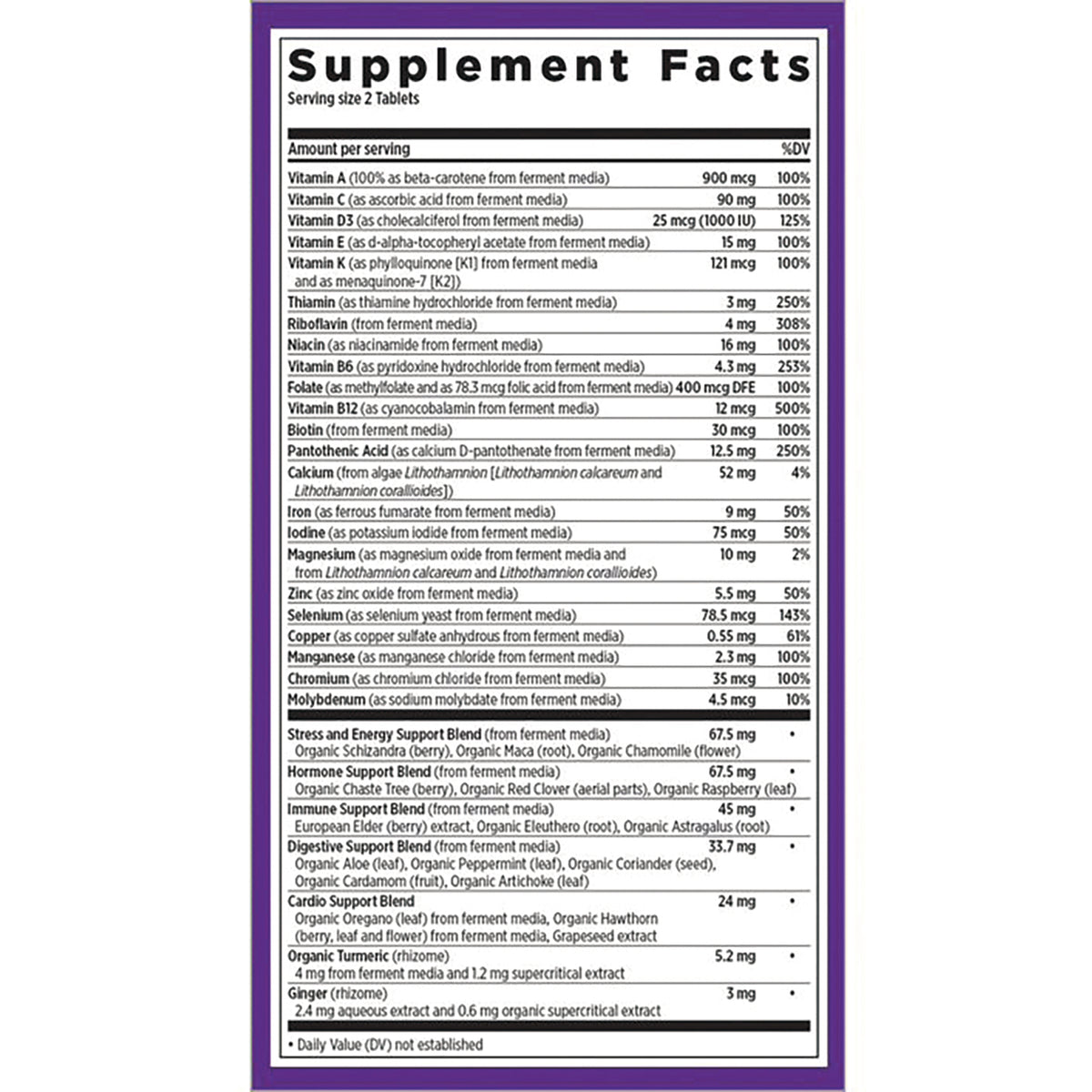 NWC140 | Supplement Facts panel listing vitamins, minerals, blends and dosages on purple-bordered label