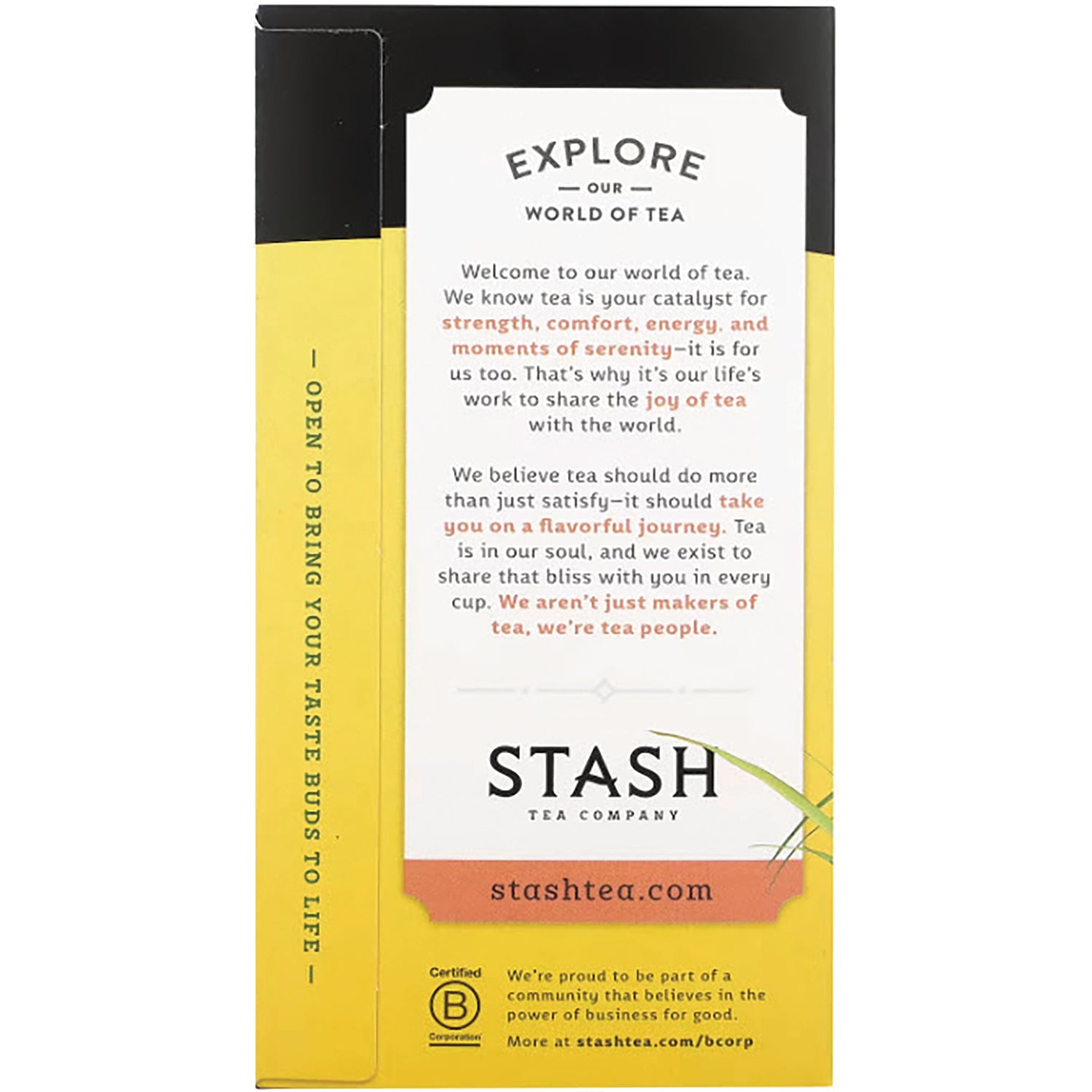 STH004 | Back of Stash Tea box with Explore Our World of Tea panel and stashthea.com, B Corp logo