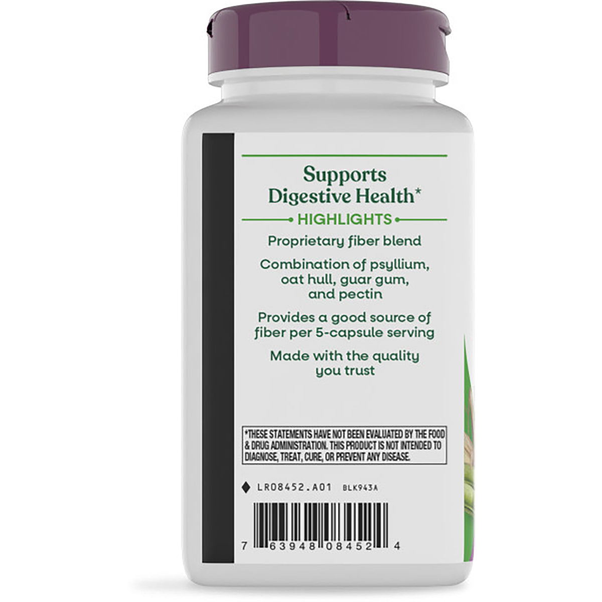 ET272 | Back label of white bottle with purple cap showing Supports Digestive Health, ingredient highlights and barcode