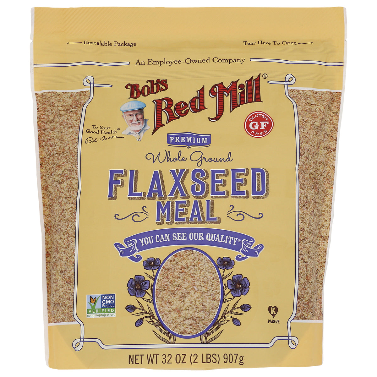 BOB250 | Bob's Red Mill whole ground FLAXSEED MEAL bag front showing product window and NET WT 32 OZ (2 LBS) 907g