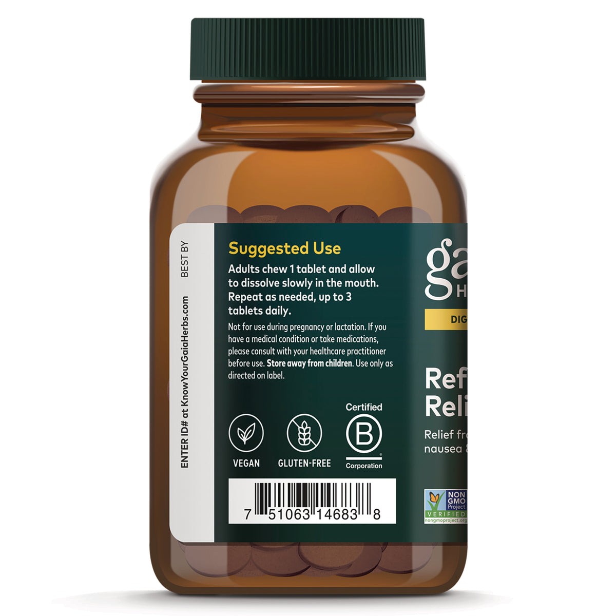 GH171 | Back label of brown supplement bottle showing suggested use instructions, vegan and gluten-free icons, and barcode