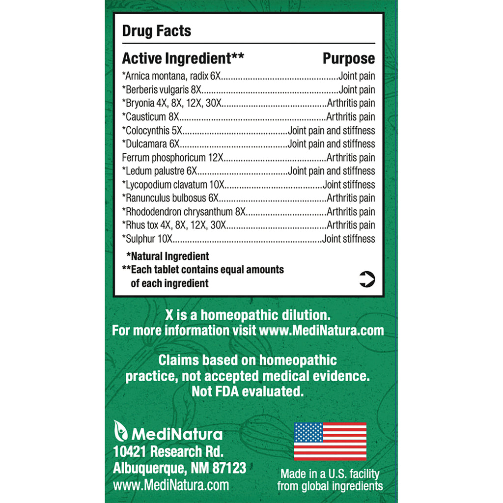 MNA034 | back panel showing drug facts and active ingredients list, MediNatura address and US flag - Thumbnail