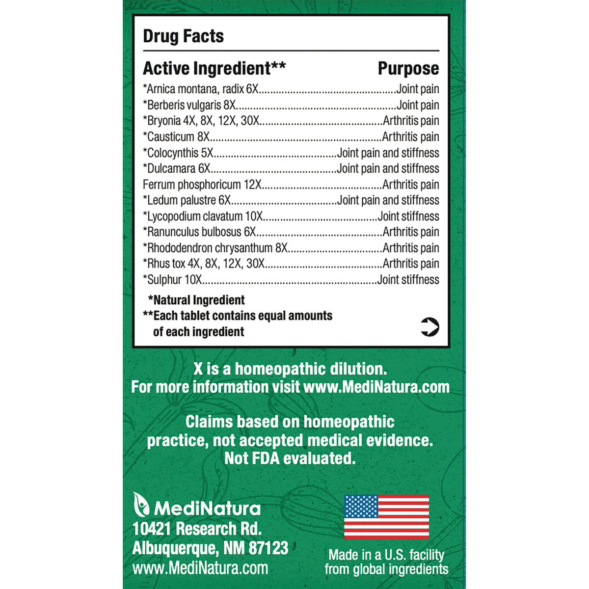 MNA034 | back panel showing drug facts and active ingredients list, MediNatura address and US flag
