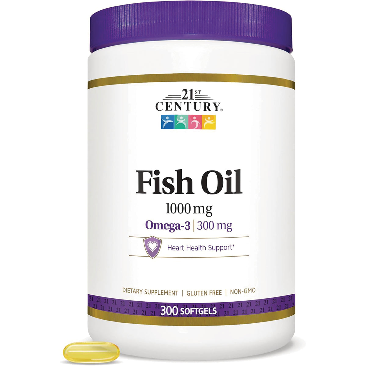 CNT114 | 21st Century Fish Oil 1000 mg bottle labeled Omega-3 300 mg and 300 softgels with one yellow softgel