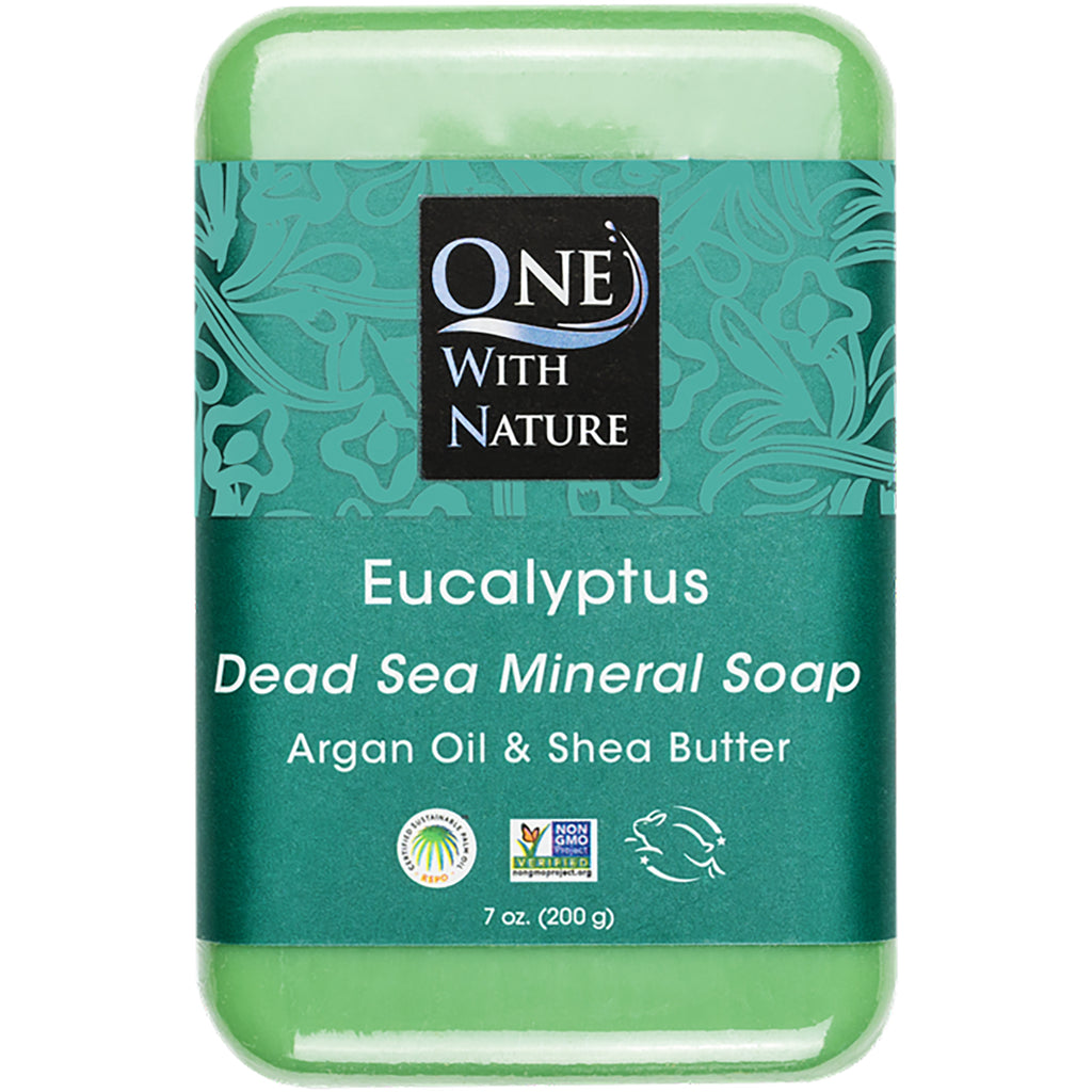 OWN017 | One With Nature eucalyptus triple milled soap bar front packaging with Dead Sea Minerals label - Thumbnail