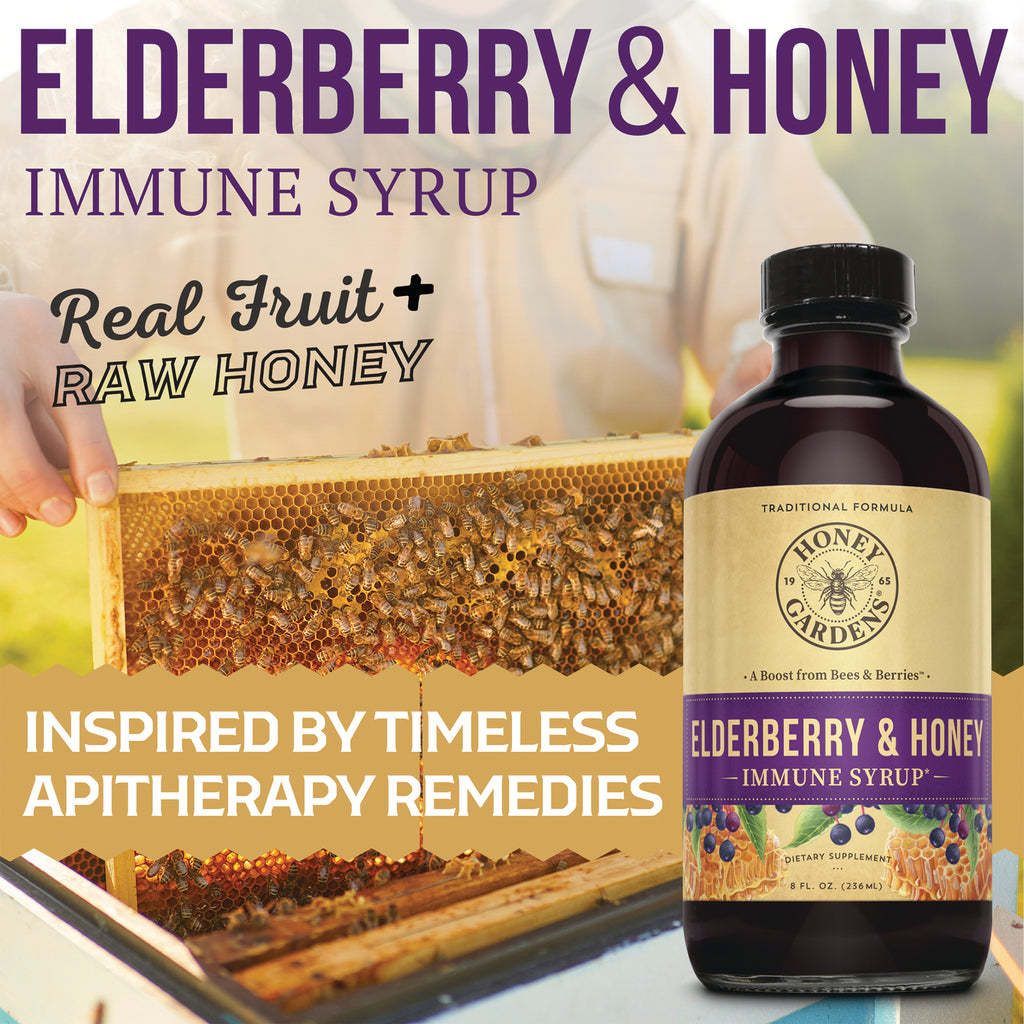 HGR004 | Elderberry & Honey immune syrup bottle beside honeycomb frame and beekeeper background - Thumbnail