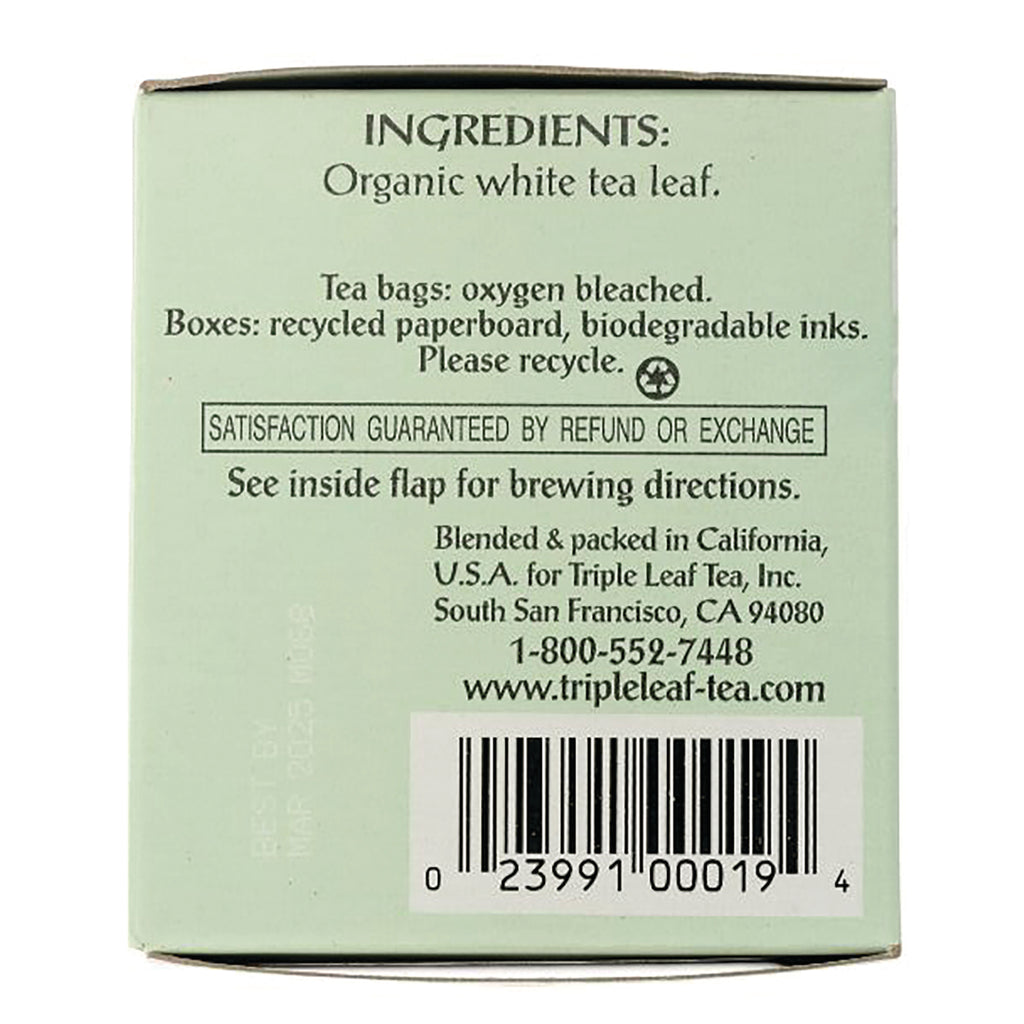 TLT007 | Back of Triple Leaf Tea box with ingredients: Organic white tea leaf, recycling info, barcode, contact details - Thumbnail