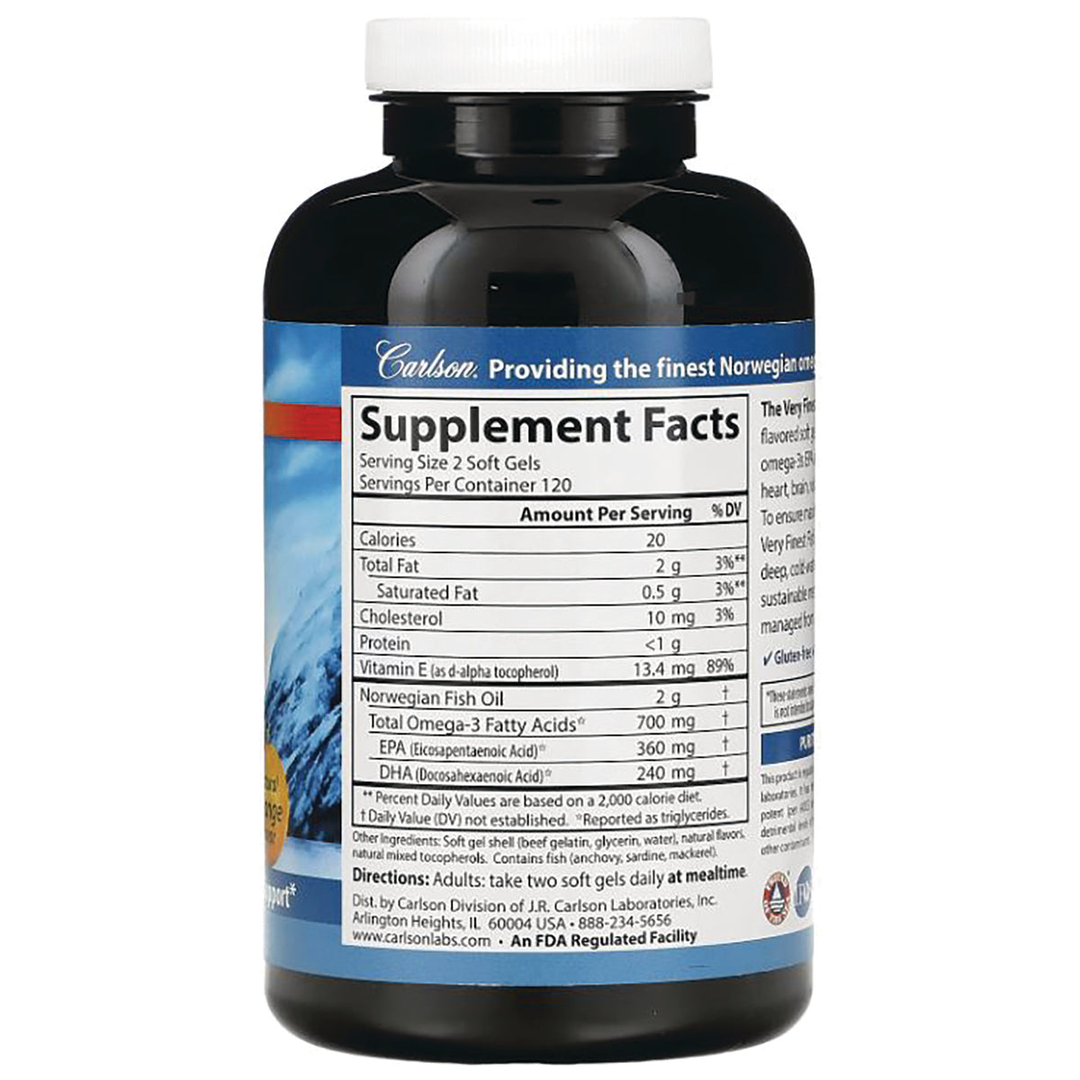 CSN016 | Back of dark supplement bottle showing Supplement Facts panel with serving size, omega-3 amounts, and directions
