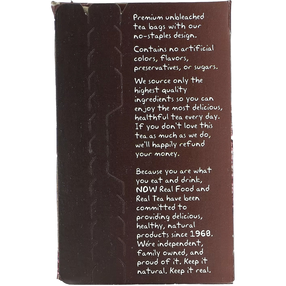 NWF1092 | brown box panel with white handwritten text about premium unbleached tea bags, ingredients and brand history