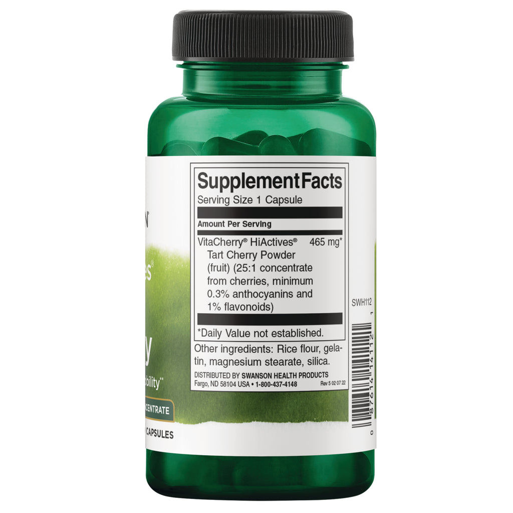 SWH112 | Back label with Supplement Facts: Serving Size 1 Capsule; VitaCherry HiActives tart cherry powder 465 mg - Thumbnail