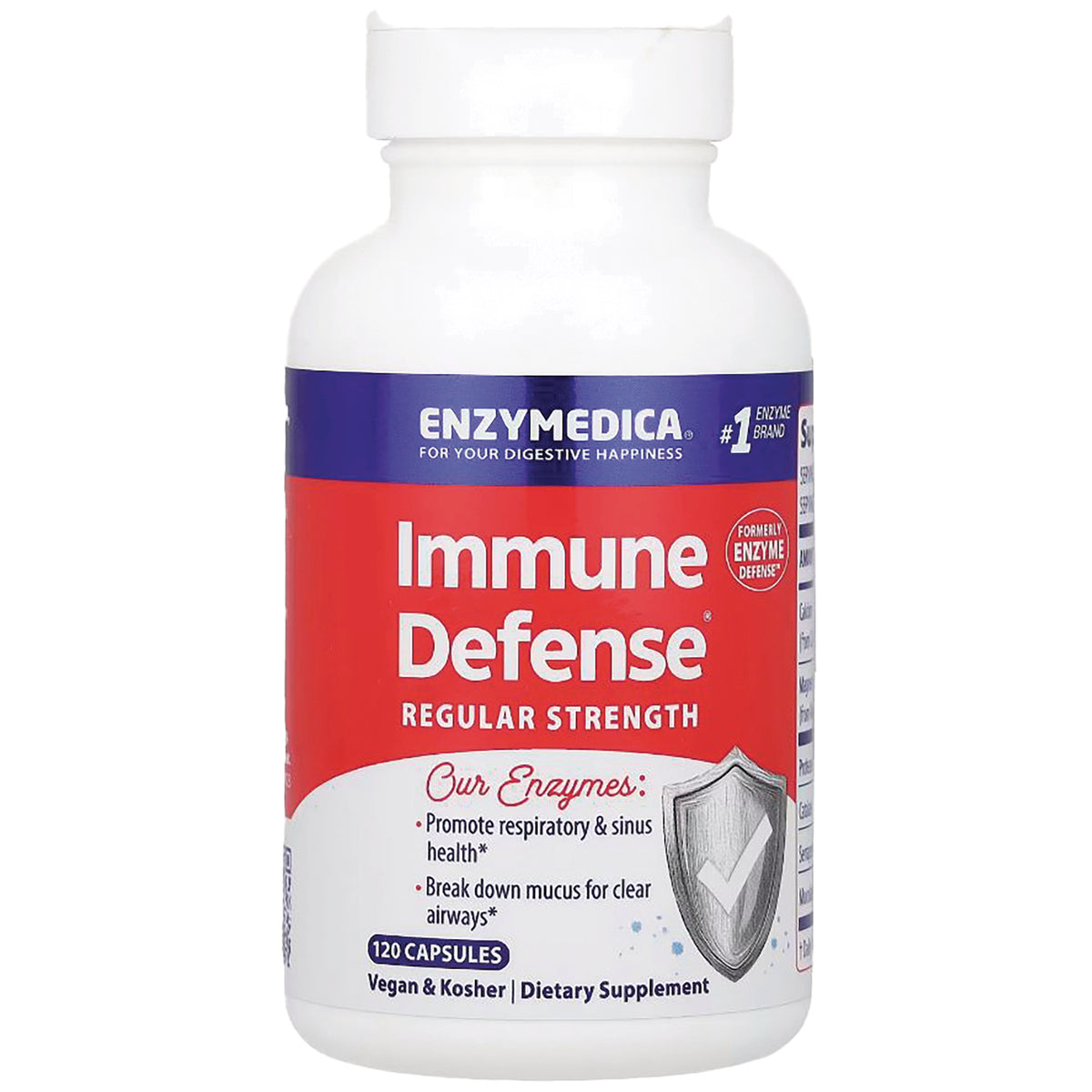 EMD027 | Enzymedica Immune Defense regular strength white bottle front showing label and shield icon, 120 capsules dietary supplement
