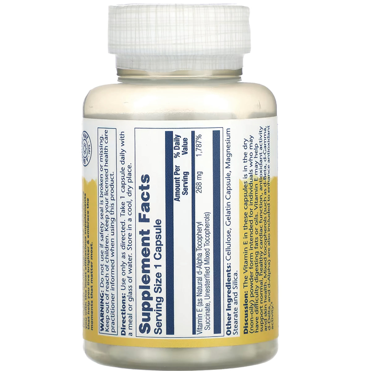 SLR346 | Back label with Supplement Facts panel, serving size 1 capsule, vitamin E 268 mg (1,787% DV)