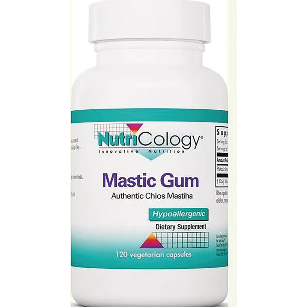 NCL038 | White bottle of NutriCology Mastic Gum dietary supplement, hypoallergenic, 120 vegetarian capsules - Thumbnail