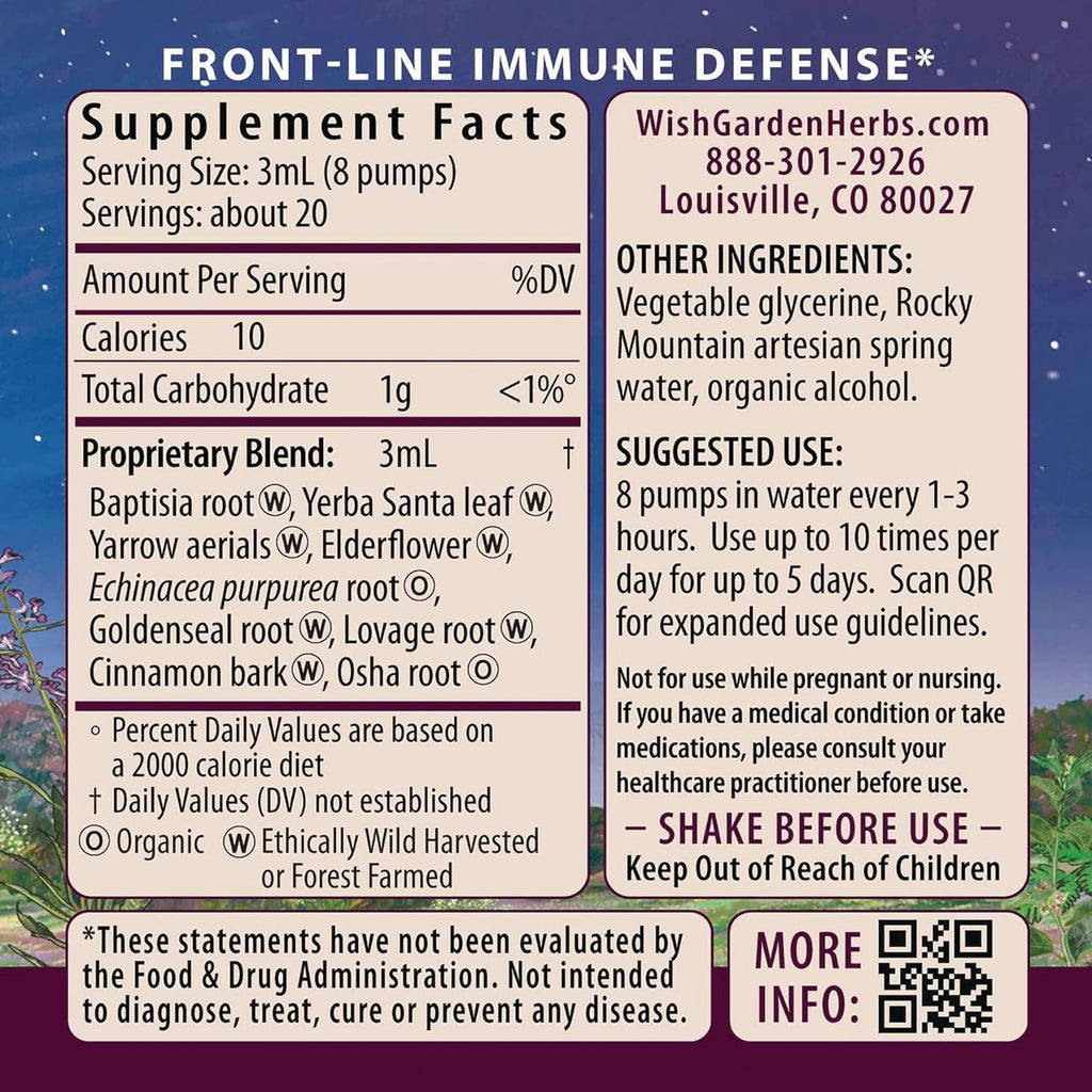 WGH003 | Back label: Supplement Facts, ingredients, suggested use, Front-Line Immune Defense text, QR code - Thumbnail