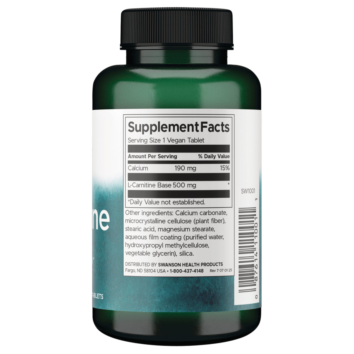 SW1001 | Supplement Facts with Calcium 190 mg and Lâ€‘Carnitine Base 500 mg