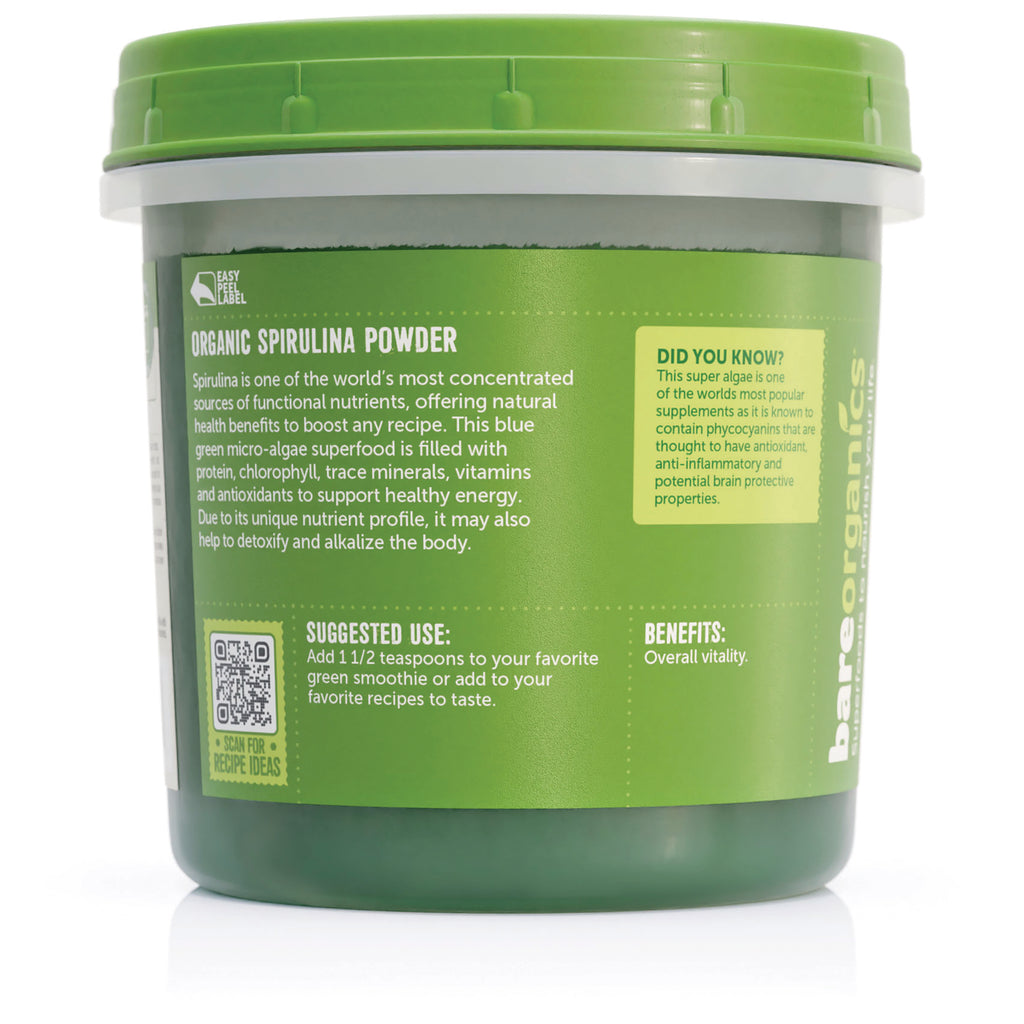 BOR007 | Back label of green tub reading ORGANIC SPIRULINA POWDER with suggested use, benefits, and product information - Thumbnail