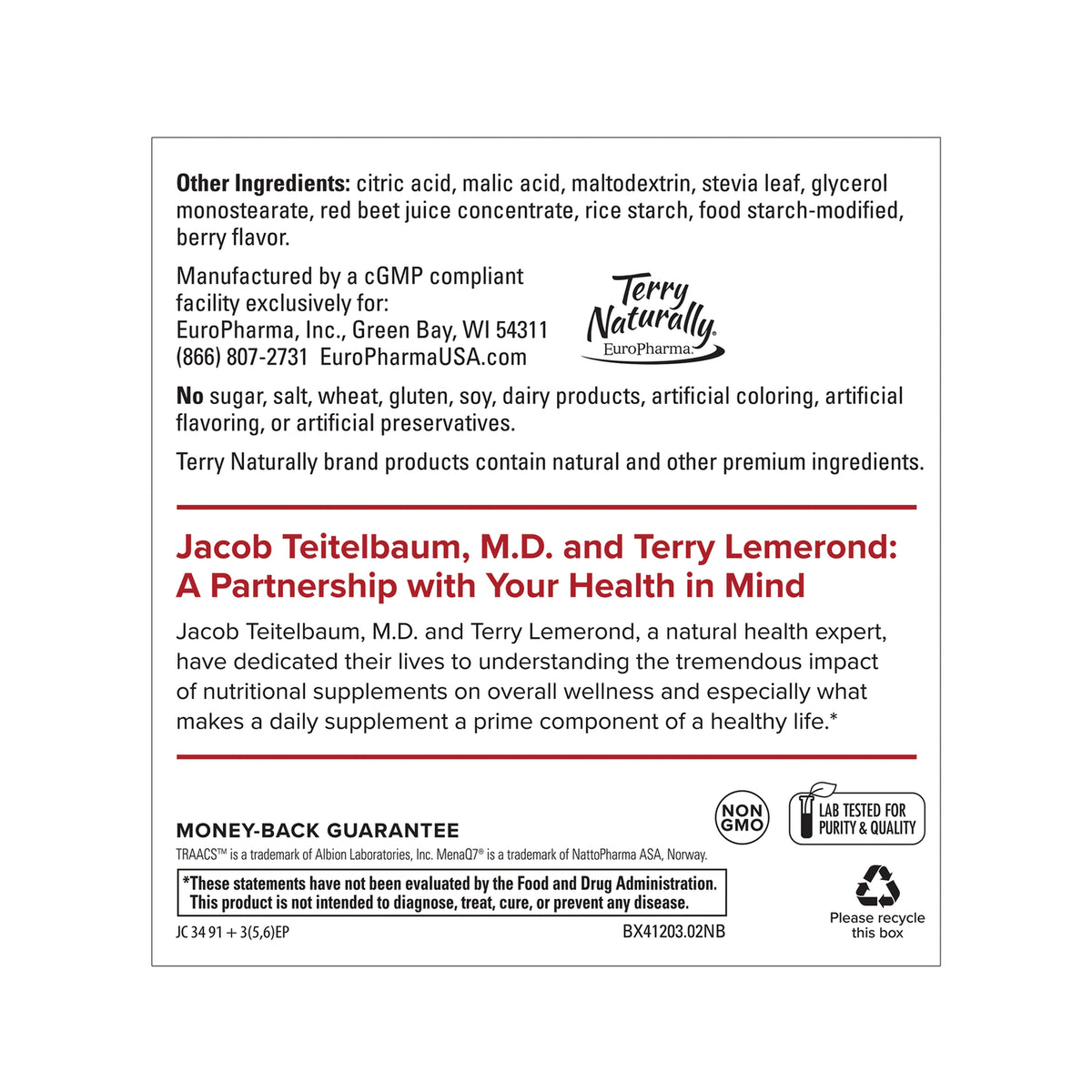 EUR076 | Back panel with other ingredients, Terry Naturally branding, Non-GMO and lab tested seals, and recycling notice