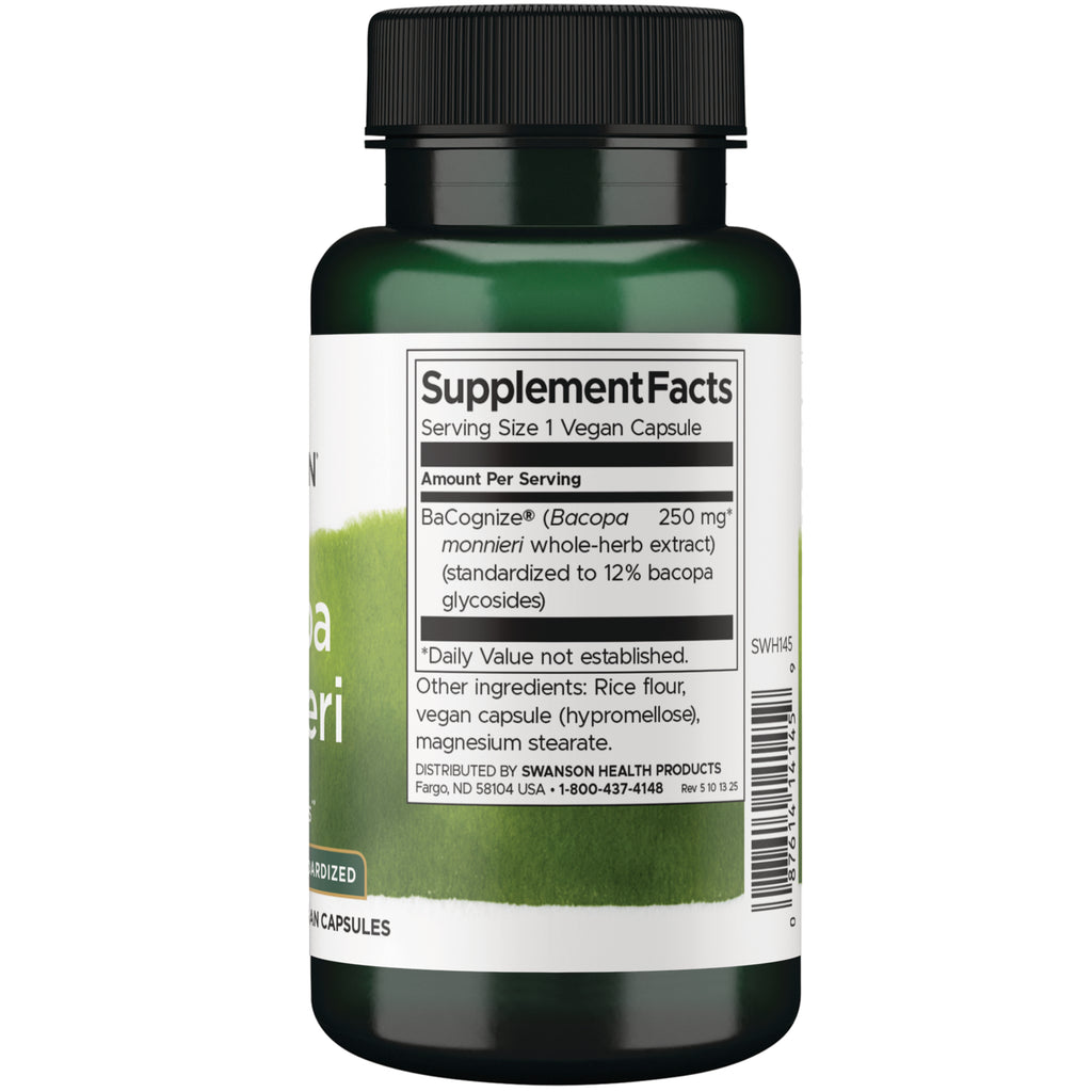 SWH145 | Back label with Supplement Facts: Serving Size 1 capsule; BaCognize (Bacopa) 250 mg; other ingredients listed - Thumbnail