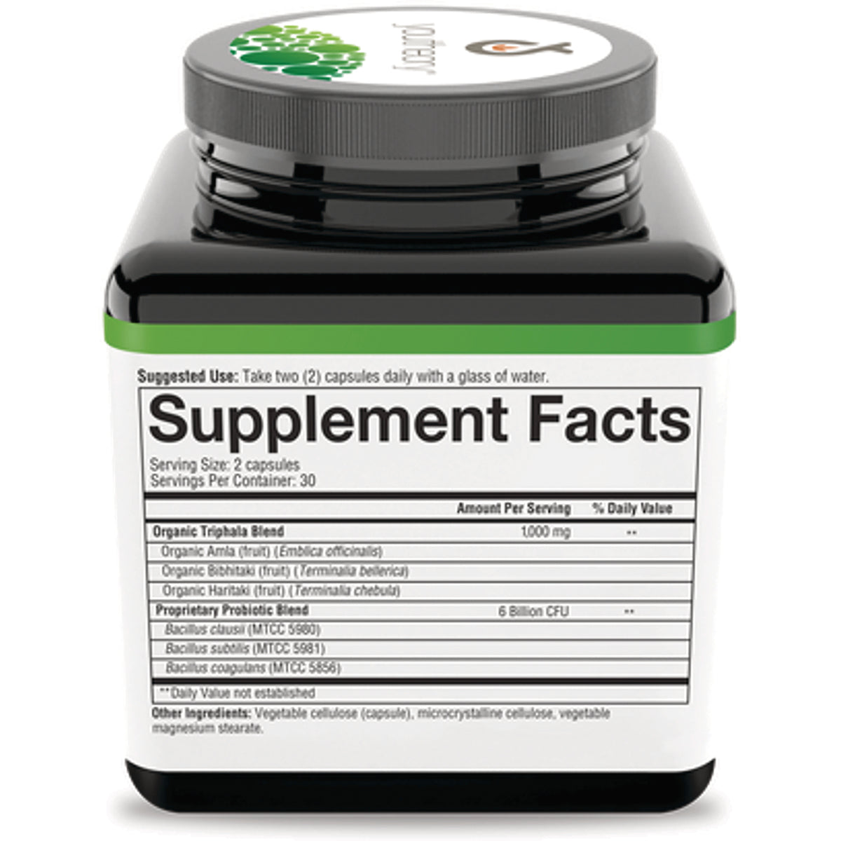 YOU018 | Back label with Supplement Facts panel; serving size 2 capsules, 30 servings; probiotic and Triphala blends