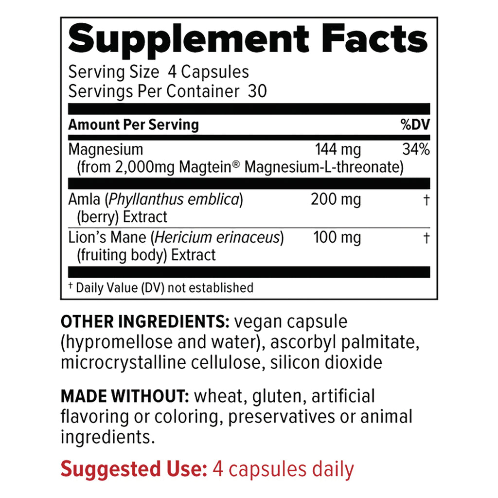 RED018 | Supplement Facts showing serving size 4 capsules, Magnesium 144 mg, Amla 200 mg, Lion's Mane 100 mg; other ingredients and suggested use 4 capsules daily - Thumbnail