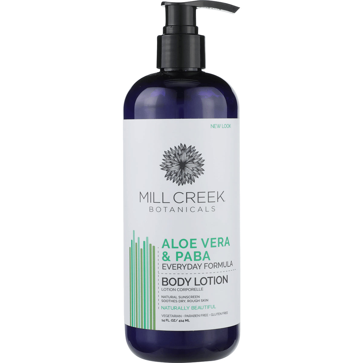 MCB002 | Mill Creek Botanicals Aloe Vera & PABA everyday formula body lotion bottle with pump