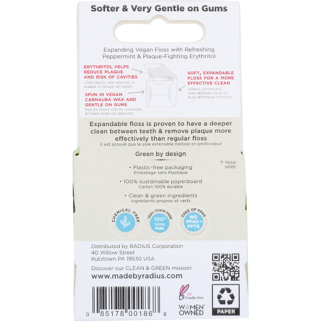 RAD021 | Back of dental floss packaging with ingredients, green by design claims, barcode and distributor info - Thumbnail