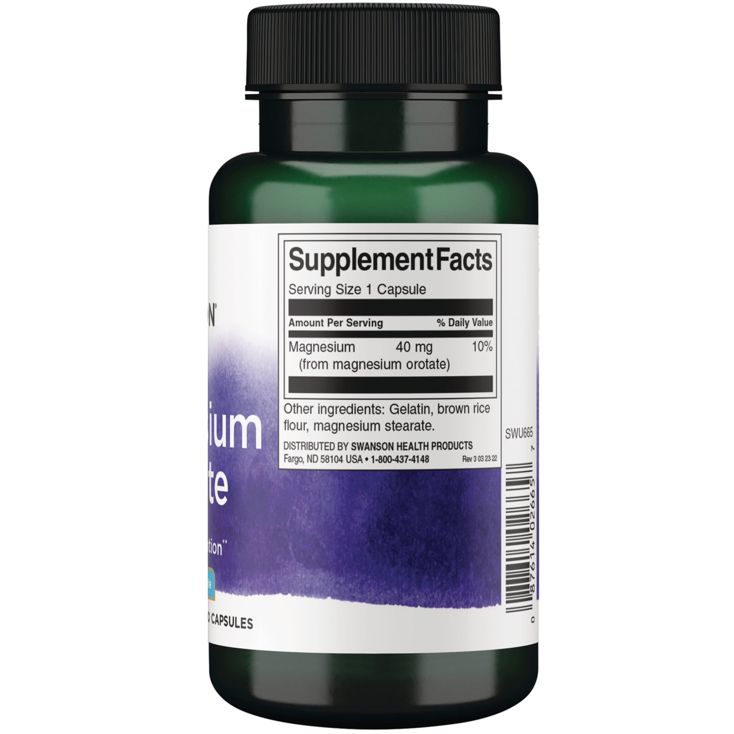 SWU665 | Back label with Supplement Facts: Serving Size 1 Capsule; Magnesium 40 mg (10%); ingredients listed