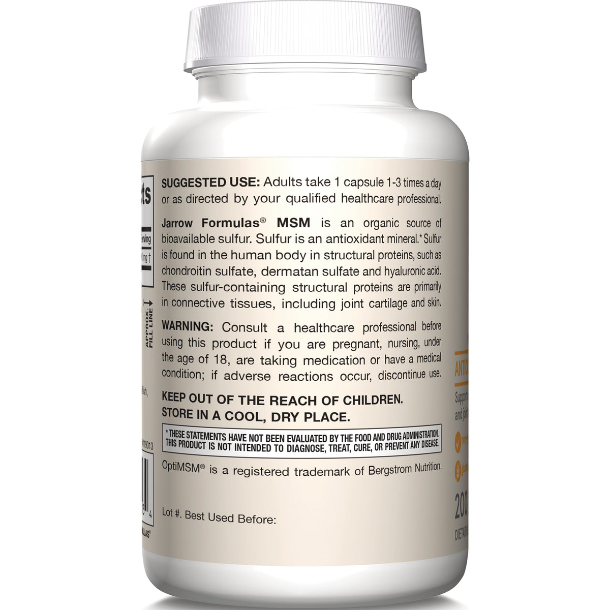 JR346 | Back label of white supplement bottle showing suggested use, warnings, storage instructions and OptiMSM trademark