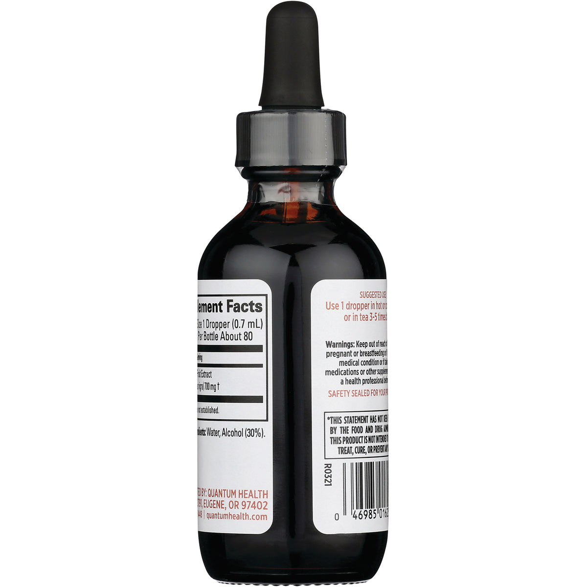 QU048 | Back of amber glass dropper bottle showing supplement facts label, warnings, and barcode