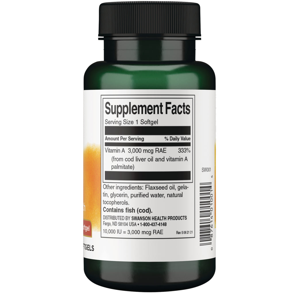 SW001 | Back label with Supplement Facts: Serving Size 1 Softgel; Vitamin A 3,000 mcg RAE, 333% DV - Thumbnail