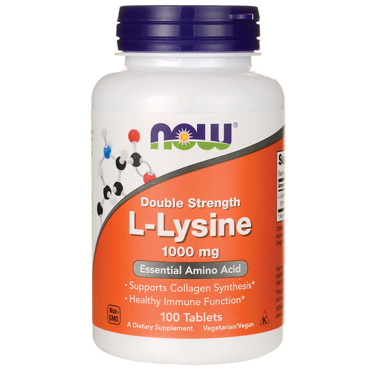 NWF177 | NOW Double Strength L-Lysine 1000 mg white bottle with orange label, 100 tablets