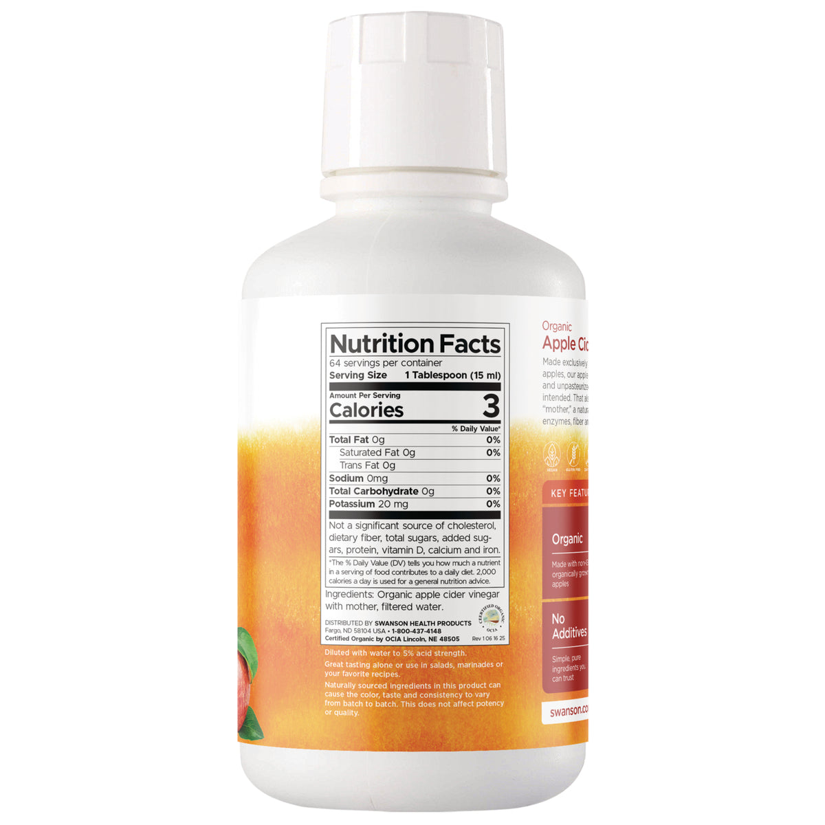 SWF198 | Back label with Nutrition Facts for organic apple cider vinegar