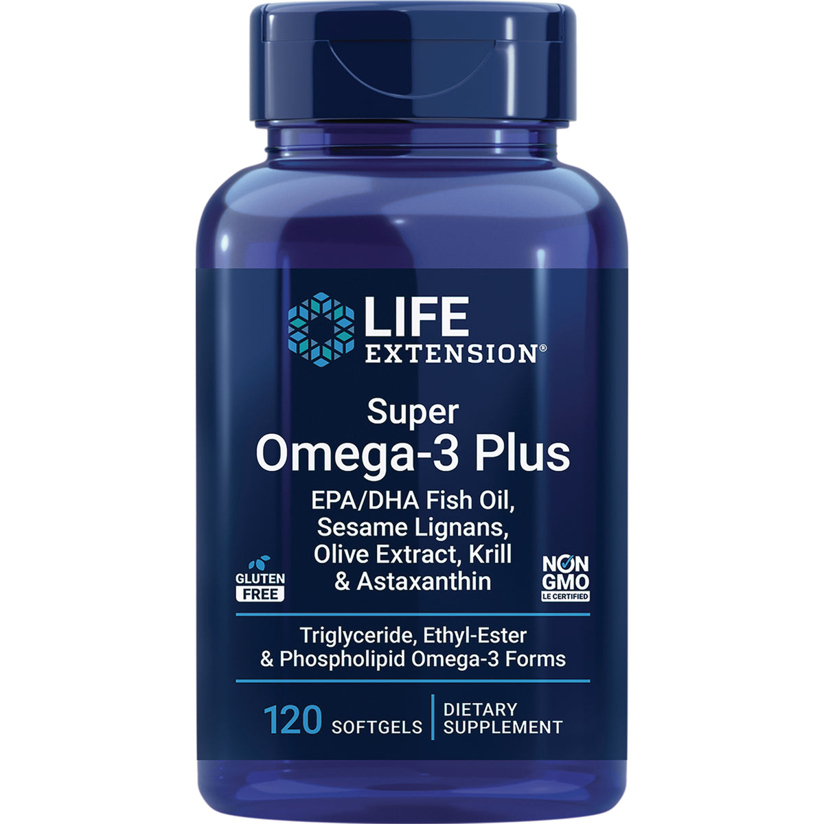 LE387 | Life Extension Super Omega-3 Plus 120 softgels dietary supplement bottle with blue label showing EPA/DHA fish oil and Non GMO