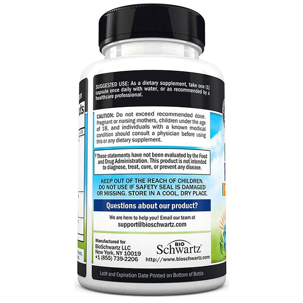 BSZ019 | Back label of white supplement bottle with caution text, storage instructions and support@bioschwartz.com - Thumbnail