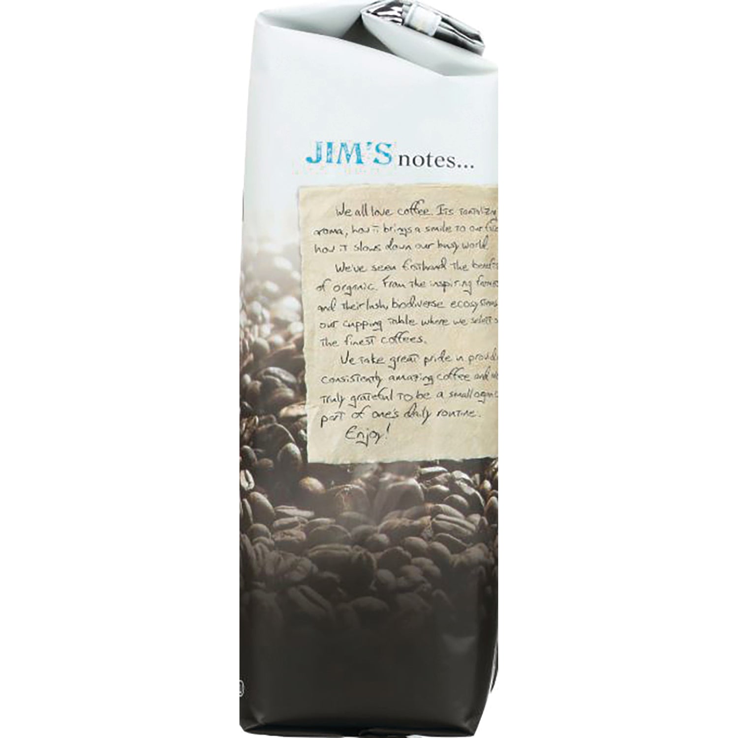 JOC003 | coffee bag showing roasted beans and a handwritten note labeled JIM'S notes, product infographic
