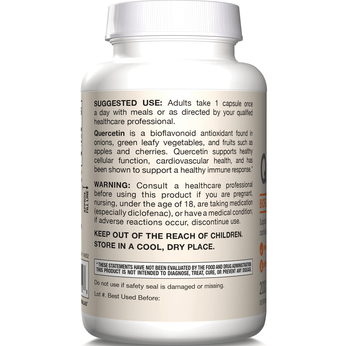 JR206 | Back label showing suggested use, quercetin description, warning, and storage instructions
