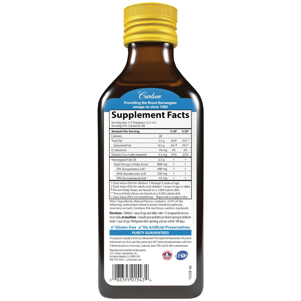 CSN032 | back of brown bottle with Supplement Facts label showing nutrition table and directions
