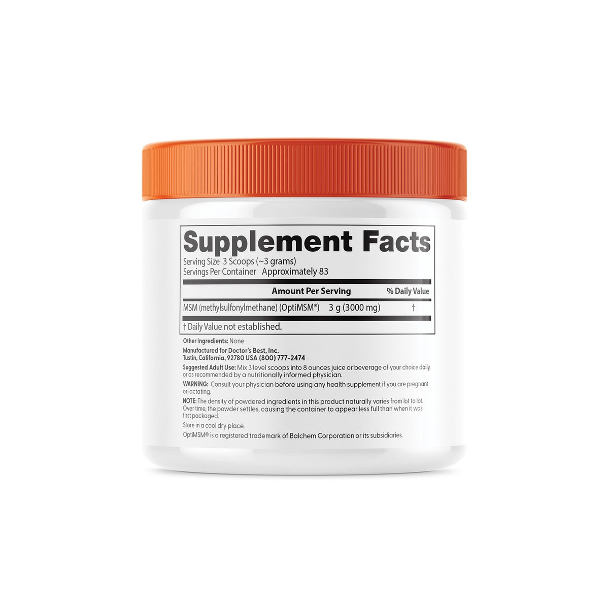 Supplement facts label on white jar showing MSM 3 g per serving, serving size 3 scoops, suggested use and warnings