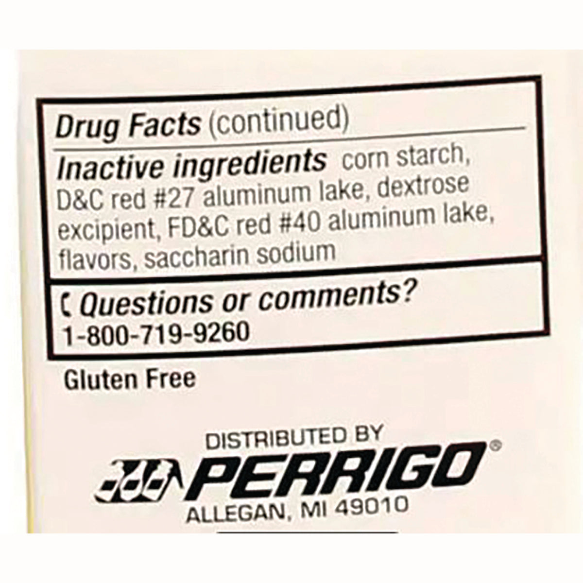 GDS015 | Drug Facts continued: inactive ingredients, Questions 1-800-719-9260, Gluten Free, Perrigo logo