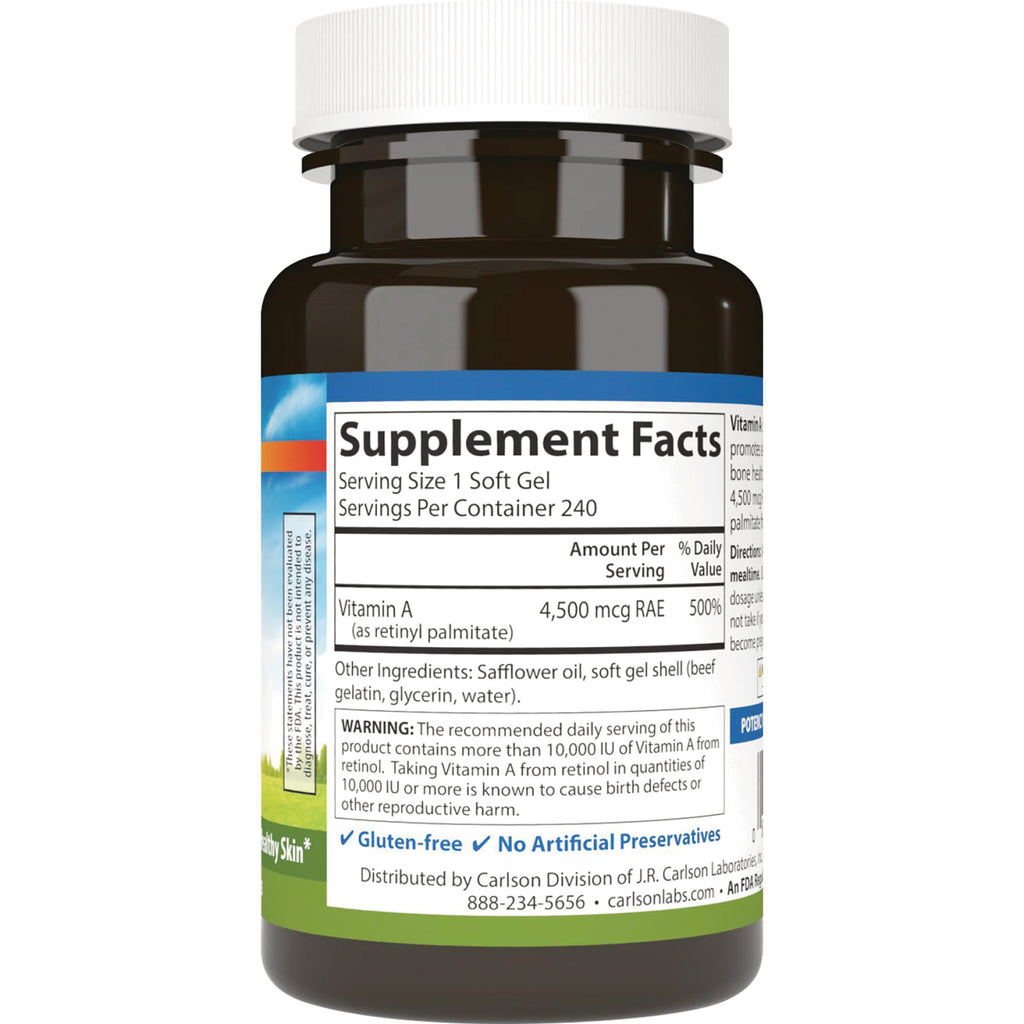 CSN186 | supplement facts label on bottle showing Serving Size 1 Soft Gel, Vitamin A 4,500 mcg RAE and ingredients - Thumbnail