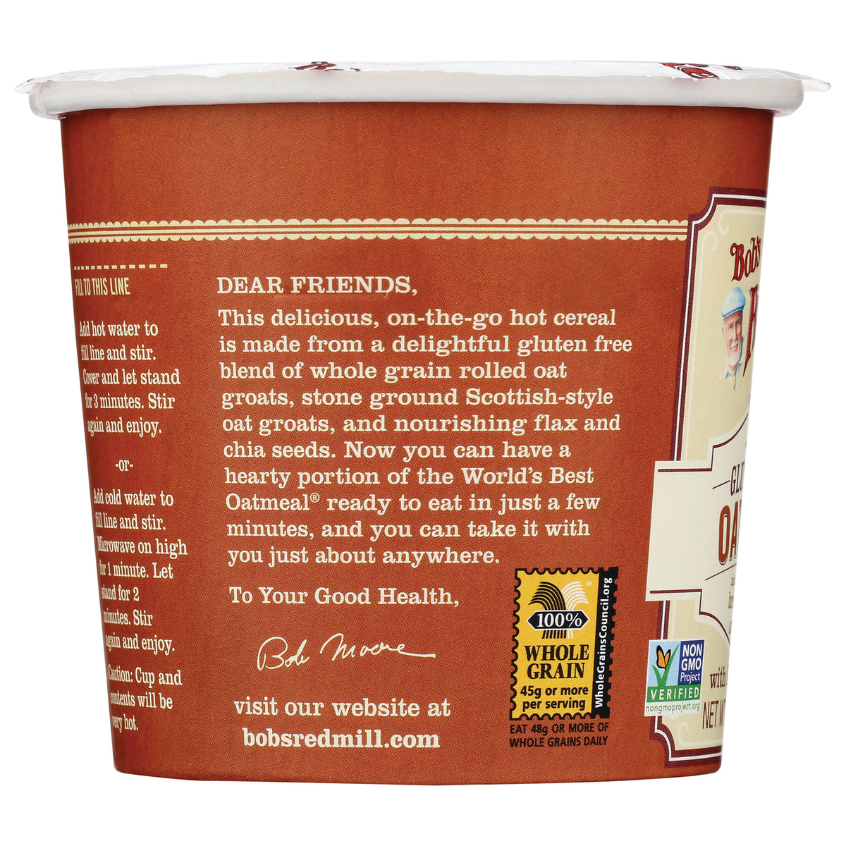 BOB227 | side panel product infographic on a brown oatmeal cup with 'Dear Friends' text describing gluten-free whole grain oatmeal