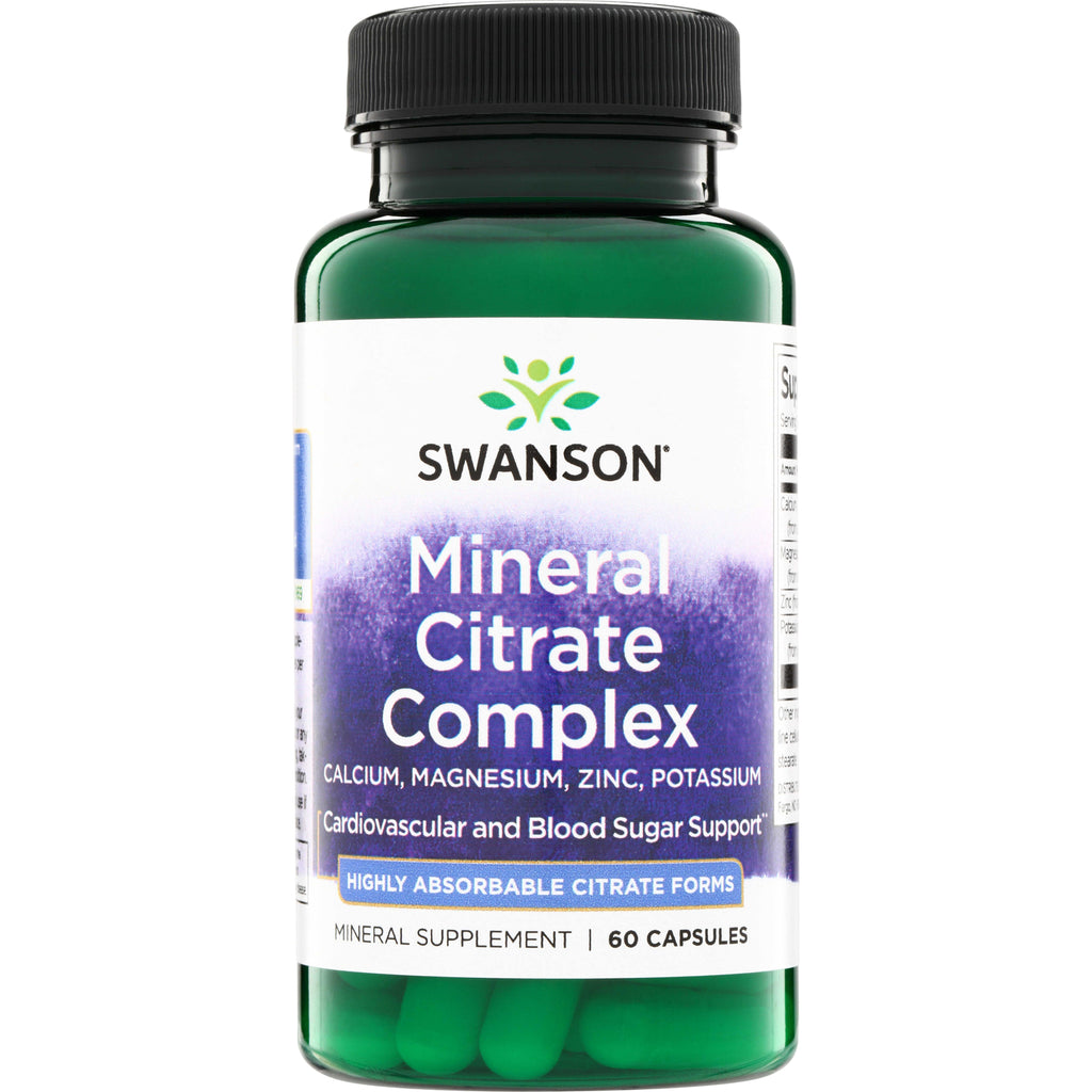 SWU421 | Swanson Mineral Citrate Complex supplement bottle, 60 capsules; Calcium, Magnesium, Zinc, Potassium - Thumbnail