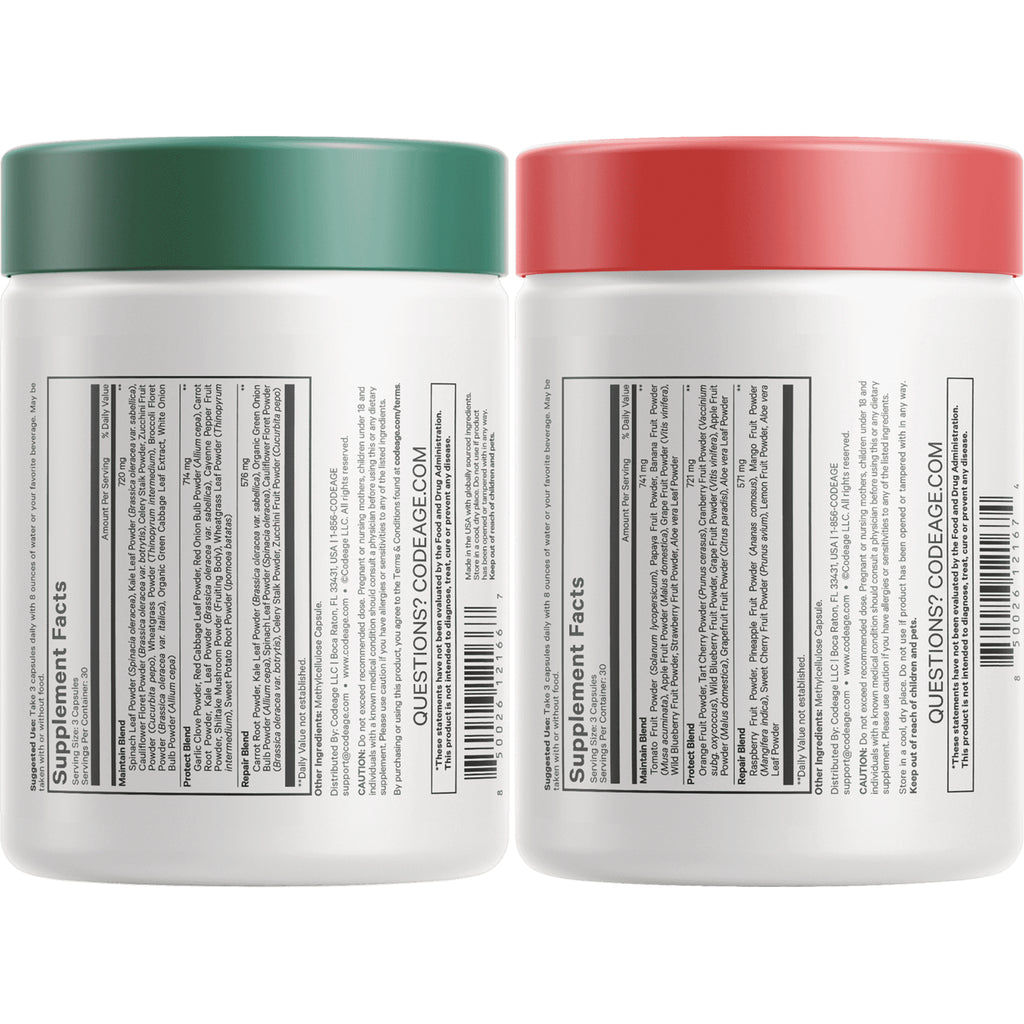 CDG012 | Back of two supplement jars showing supplement facts panels, barcodes, and green and coral lids - Thumbnail
