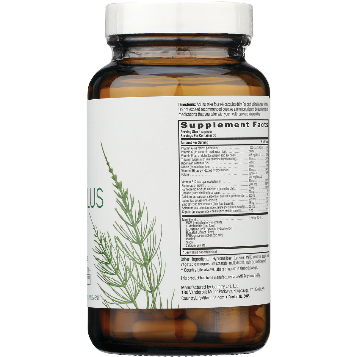 CRL552 | Back of brown glass supplement bottle showing Supplement Facts label and green botanical illustration