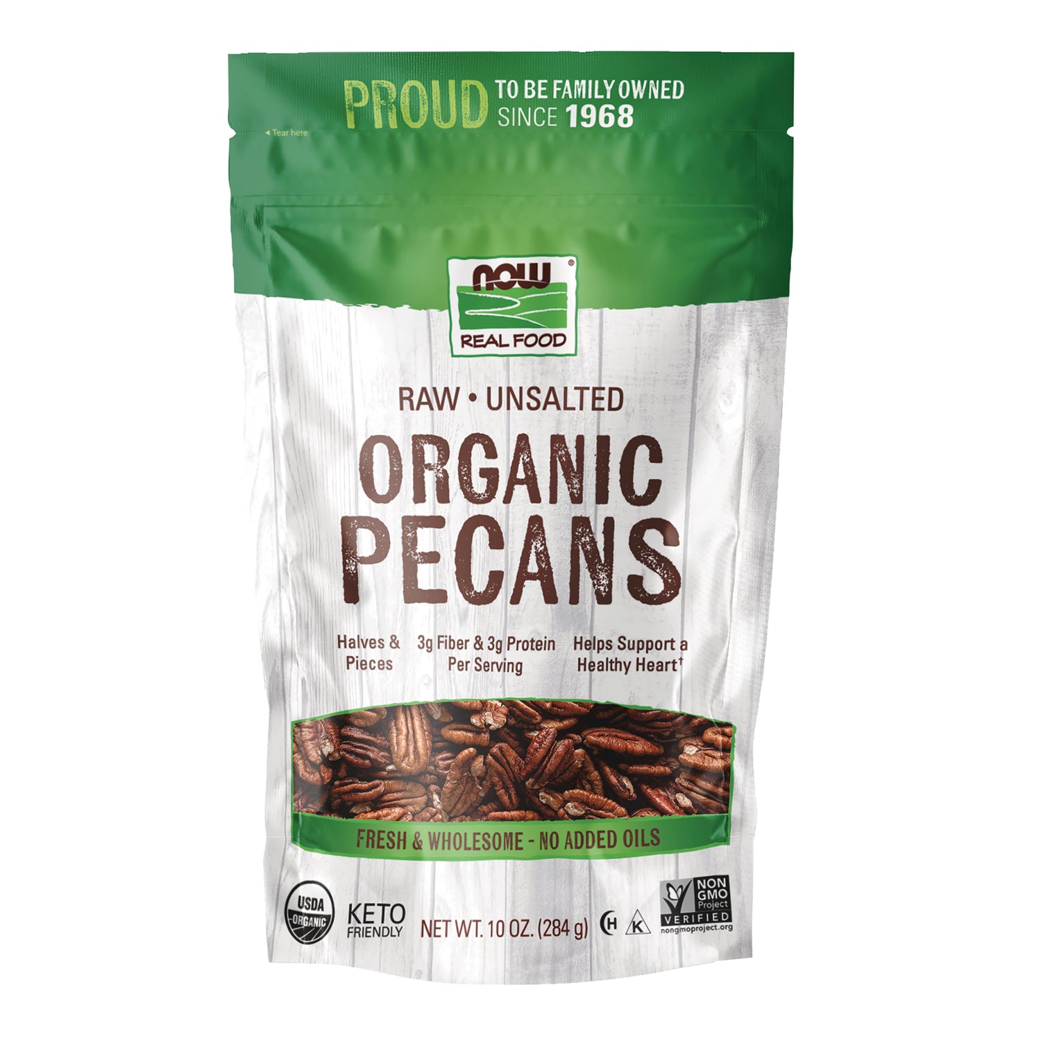 NWF1420 | NOW Real Food raw unsalted organic pecans pouch 10 oz front packaging with product window