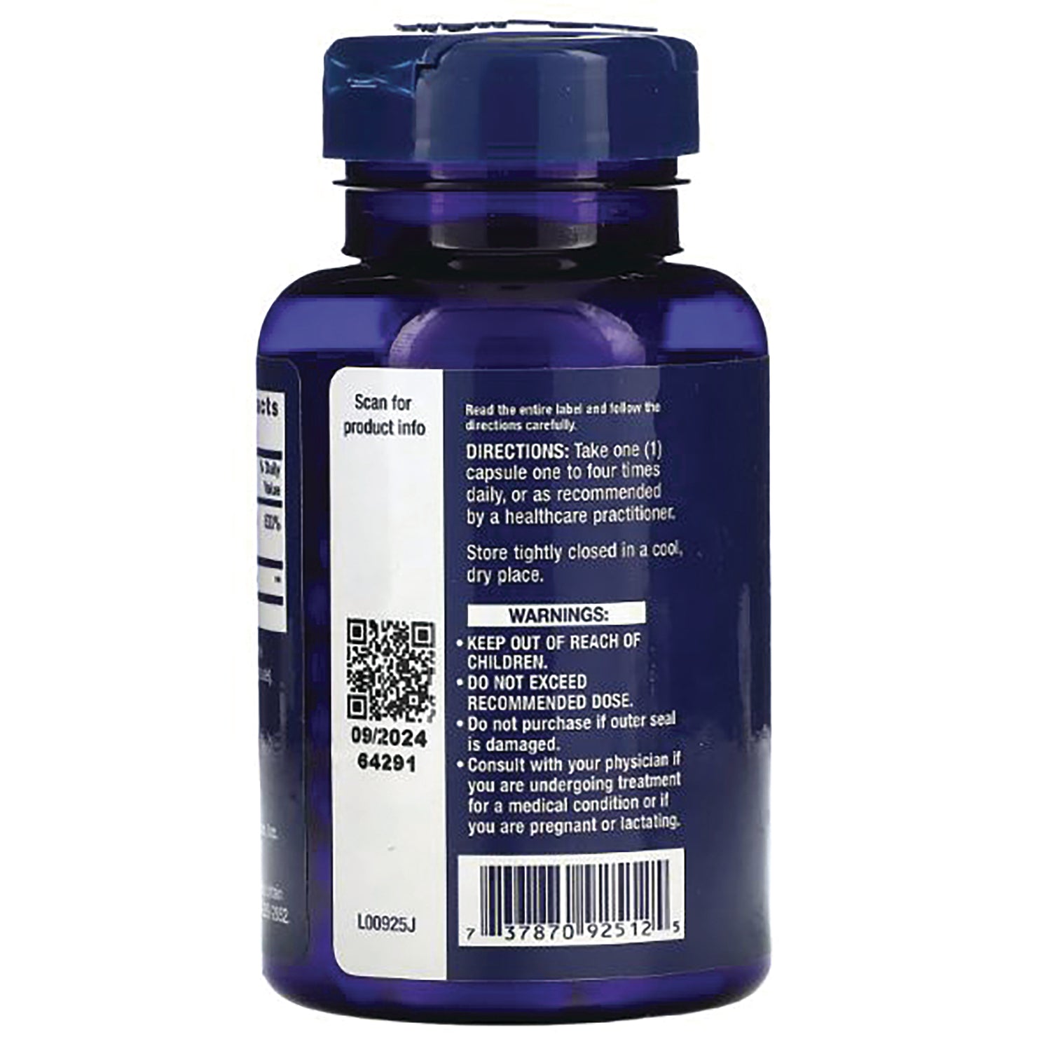 LE145 | DIRECTIONS and WARNINGS panel on blue supplement bottle back with QR code and barcode visible