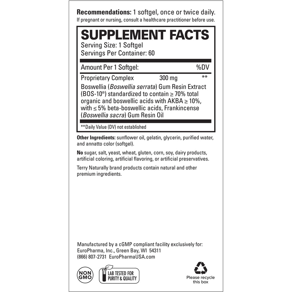 EUR039 | Supplement facts back label showing Serving Size: 1 Softgel, Proprietary Complex 300 mg, other ingredients and manufacturer info - Thumbnail