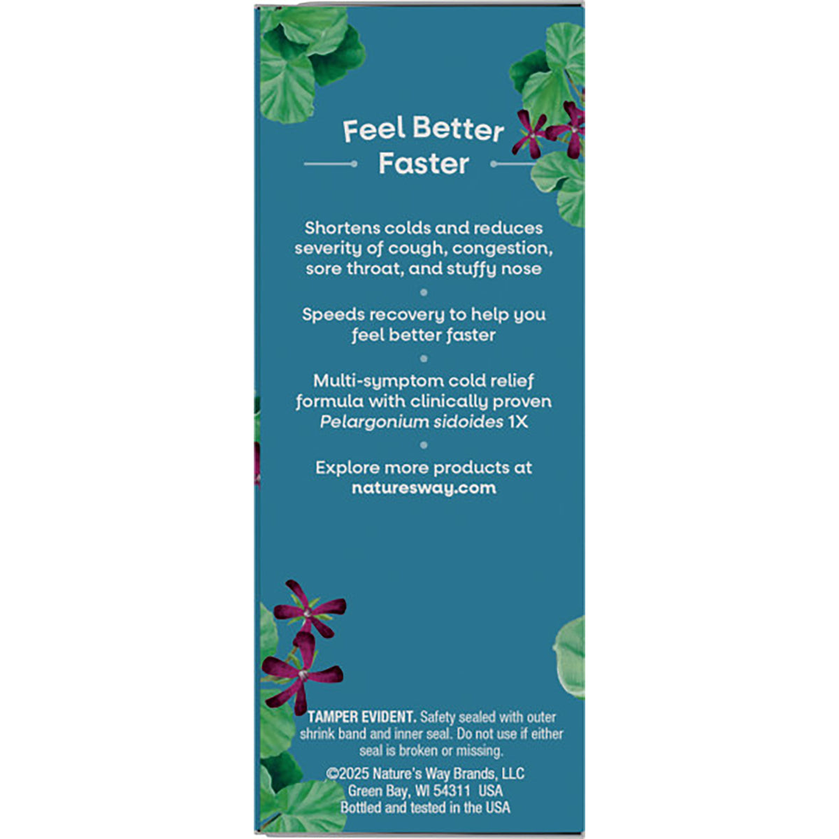 NW584 | Cold Relief Syrup infographic panel listing benefits, multi-symptom formula, speeds recovery, tamper evident