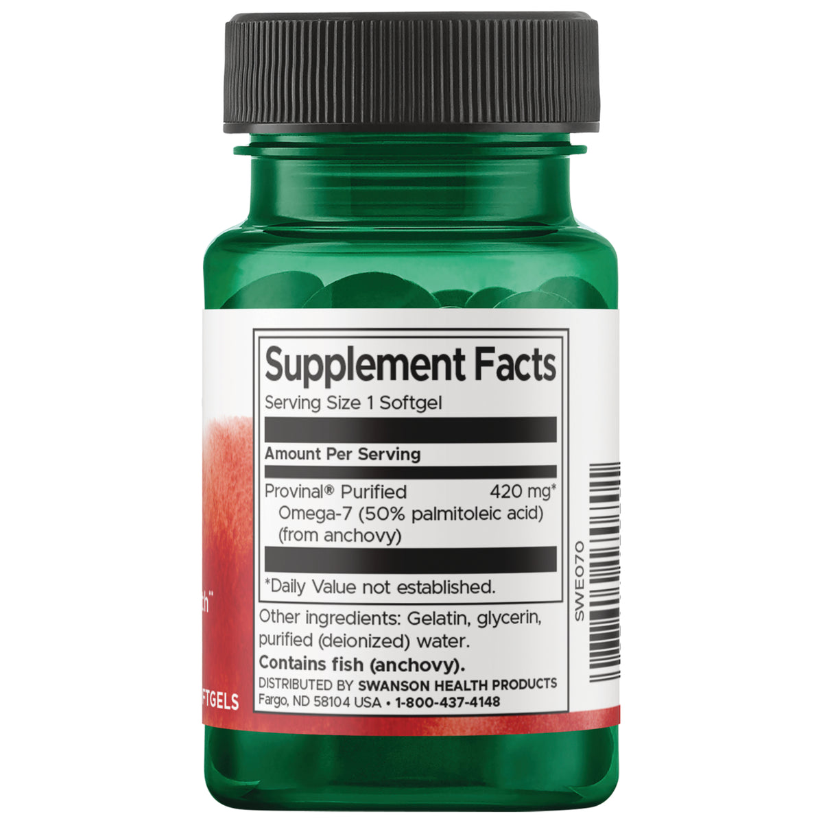 SWE070 | Back label with Supplement Facts; Provinal purified Omega-7; serving size 1 softgel; 420 mg; contains fish (anchovy)