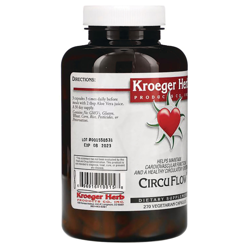 KRG003 | Back of brown supplement bottle label showing directions, lot and expiration date, barcode and Kroeger Herb CircuFlow branding - Thumbnail
